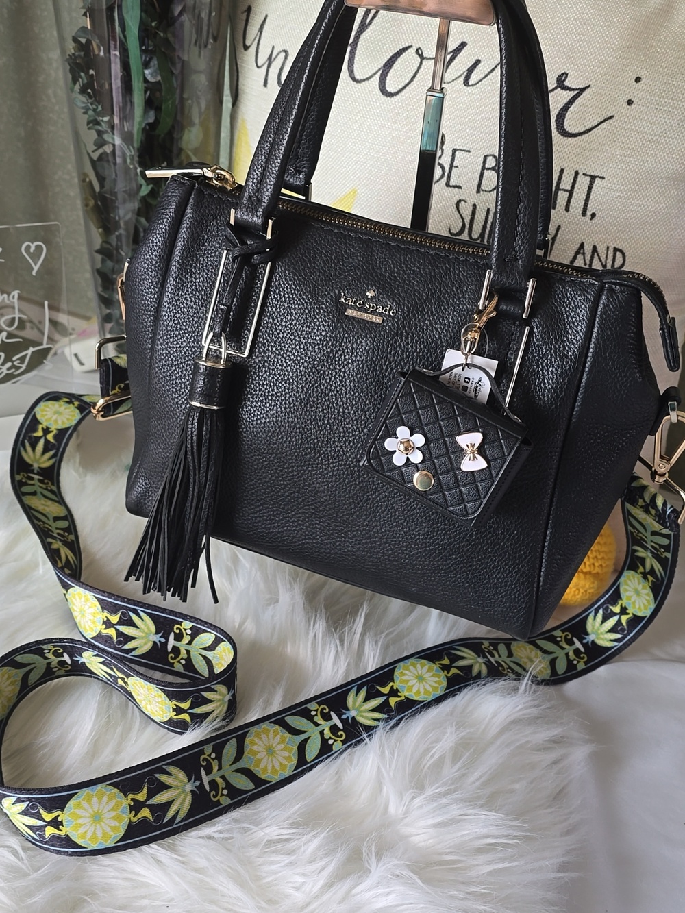 kate spade Black Leather Satchel with Decorative Floral Strap